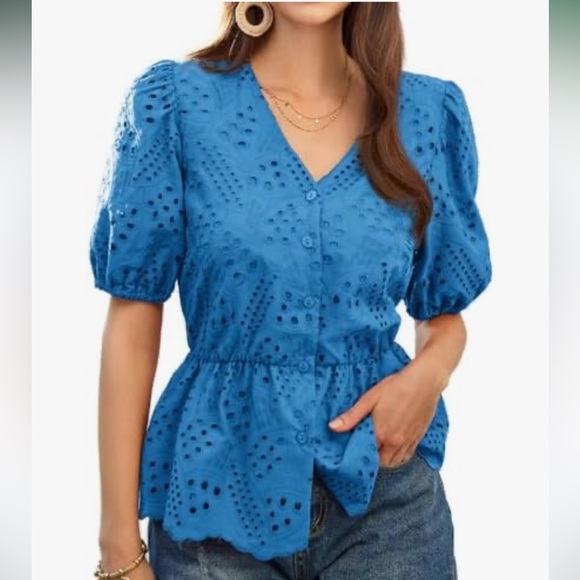 GRACE KARIN Shirt Puffed Short Sleeve Blouses V Neck Button-up - Picture 5 of 13